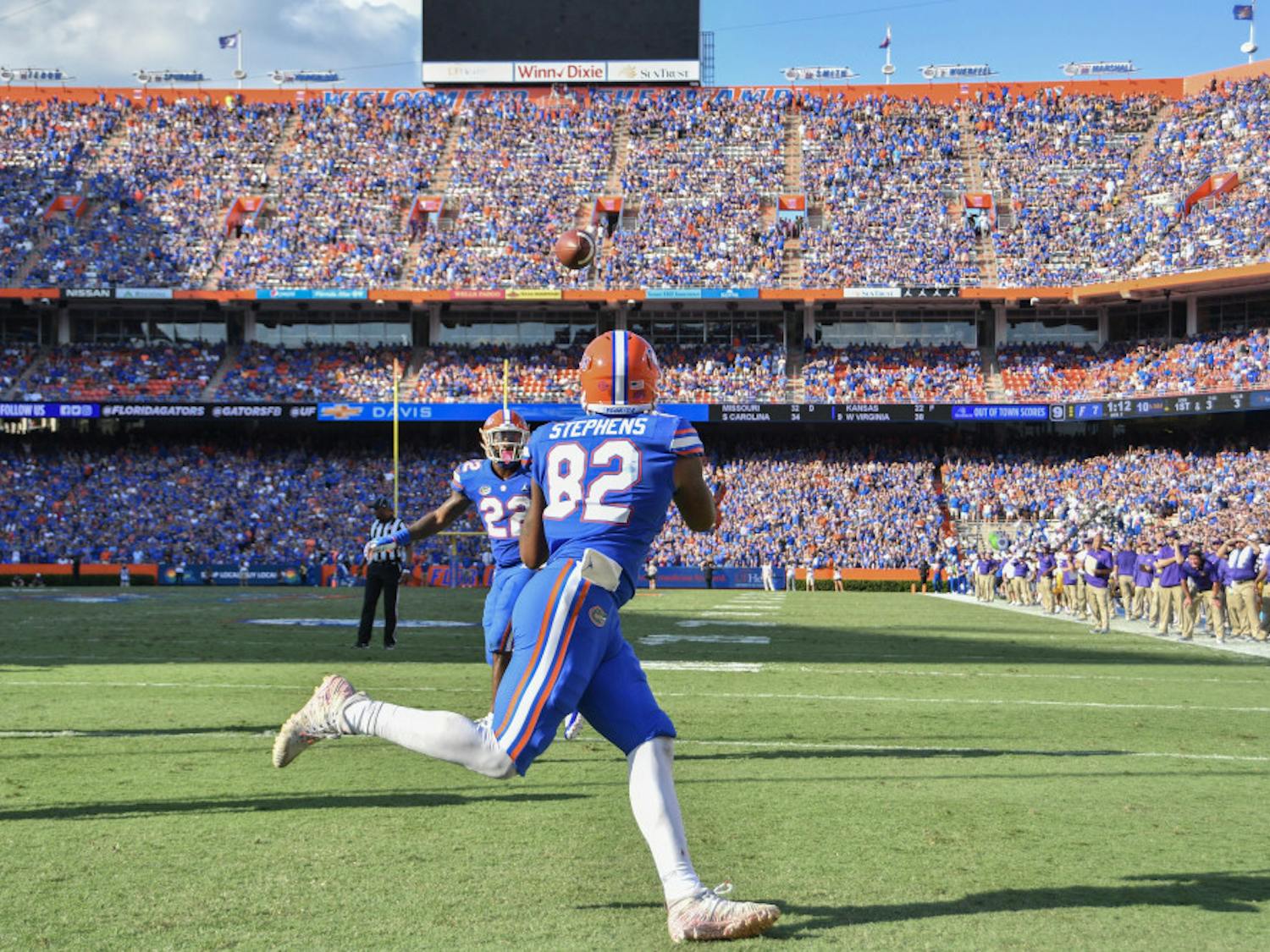 Tight end Moral Stephens (82) has six catches for 76 yards and three touchdowns this season. He spent last season as a backup to starter C'yontai Lewis and hadn't caught a touchdown pass until this year.