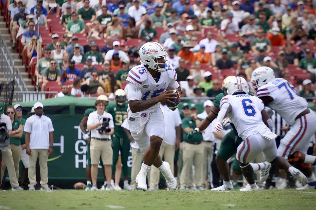 Quarterback Anthony Richardson scrambles to his right versus South Florida Sept. 11, 2021. Richardson will lead the Florida quarterback room this season, while the depth behind him is questionable.  