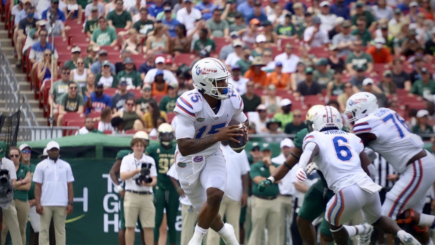 Quarterback Anthony Richardson scrambles to his right versus South Florida Sept. 11, 2021. Richardson will lead the Florida quarterback room this season, while the depth behind him is questionable.  