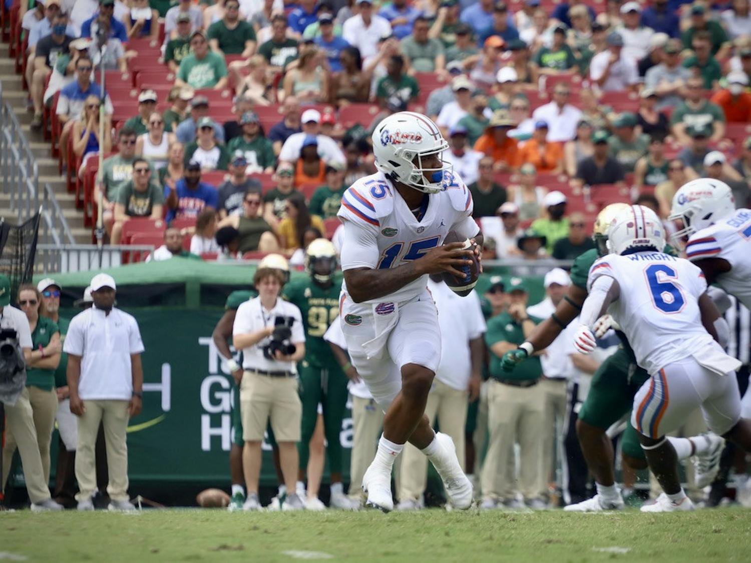 Quarterback Anthony Richardson scrambles to his right versus South Florida Sept. 11, 2021. Richardson will lead the Florida quarterback room this season, while the depth behind him is questionable.