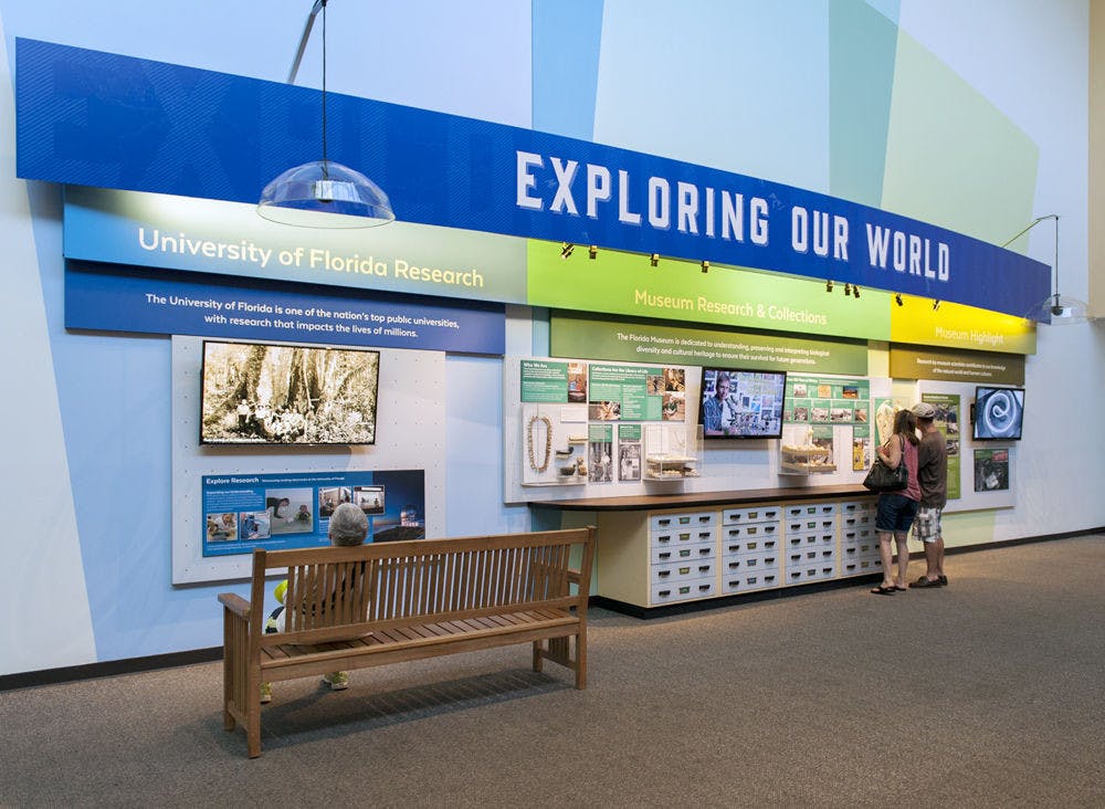 Pictured is the new permanent exhibit at the Florida Museum of Natural History titled “Exploring Our World.” The exhibit features different research initiatives led by UF and the museum over the years. Its content will be updated monthly to quarterly.