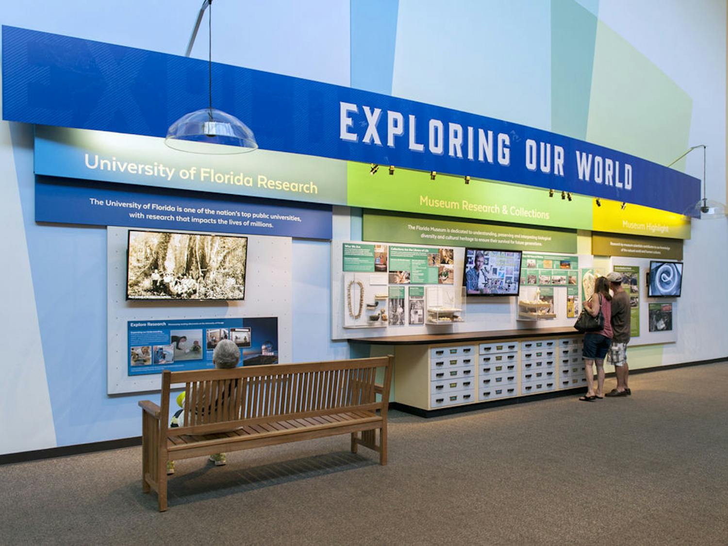 Pictured is the new permanent exhibit at the Florida Museum of Natural History titled “Exploring Our World.” The exhibit features different research initiatives led by UF and the museum over the years. Its content will be updated monthly to quarterly.