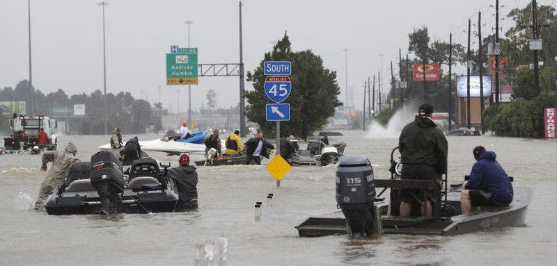 Hurricane Harvey has left Houston and the surrounding areas flooded. Rescue boats are out trying to help people and animals get to safer and dryer land.