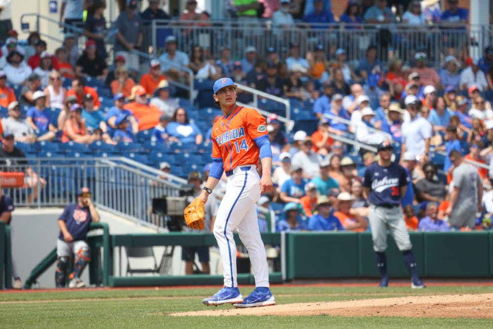 Florida pitcher Jac Caglianone stands near the mound during the Gators' 17-8 victory over the Auburn Tigers Sunday, April 2, 2023.