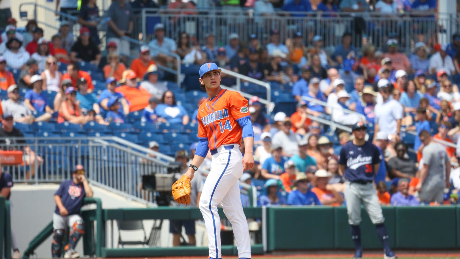 Florida pitcher Jac Caglianone stands near the mound during the Gators' 17-8 victory over the Auburn Tigers Sunday, April 2, 2023.