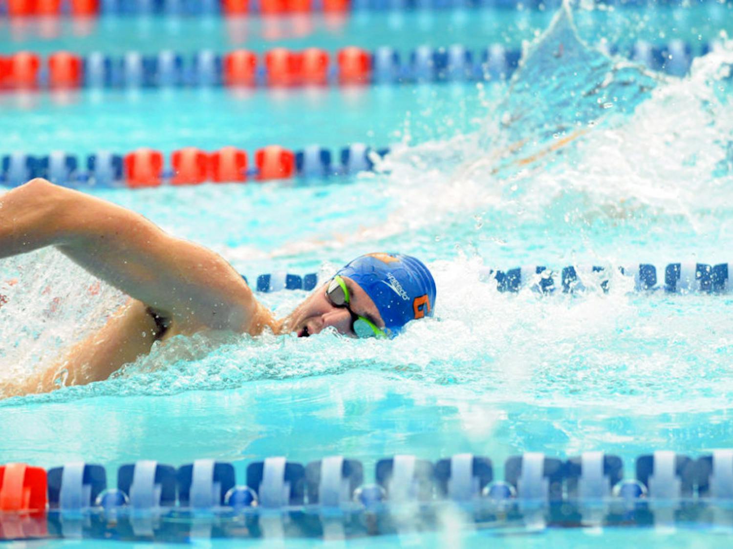 Mitch D’Arrigo races in the 400 meter freestyle during Florida’s meet against Auburn on Jan. 23, 2016, in the O’Connell Center.