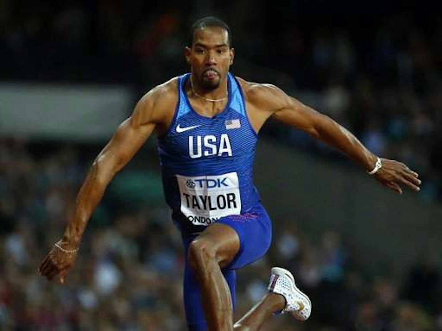 Former Gator and two-time Olympic gold medalist Christian Taylor competed Thursday in Day 1 of the Pepsi Florida Relays.