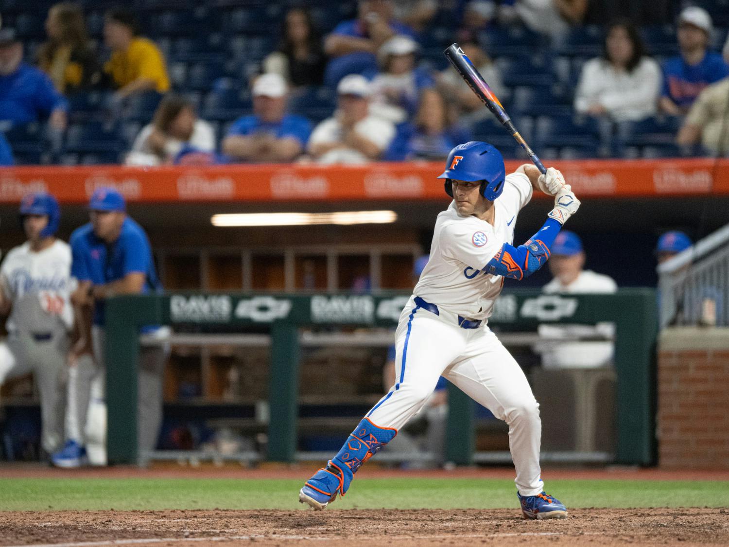 Florida Gators infielder Landon Stripling (13) during an at bat in a baseball game against the Missouri Tigers on Thursday, April 10, 2025, in Gainesville, Fla.