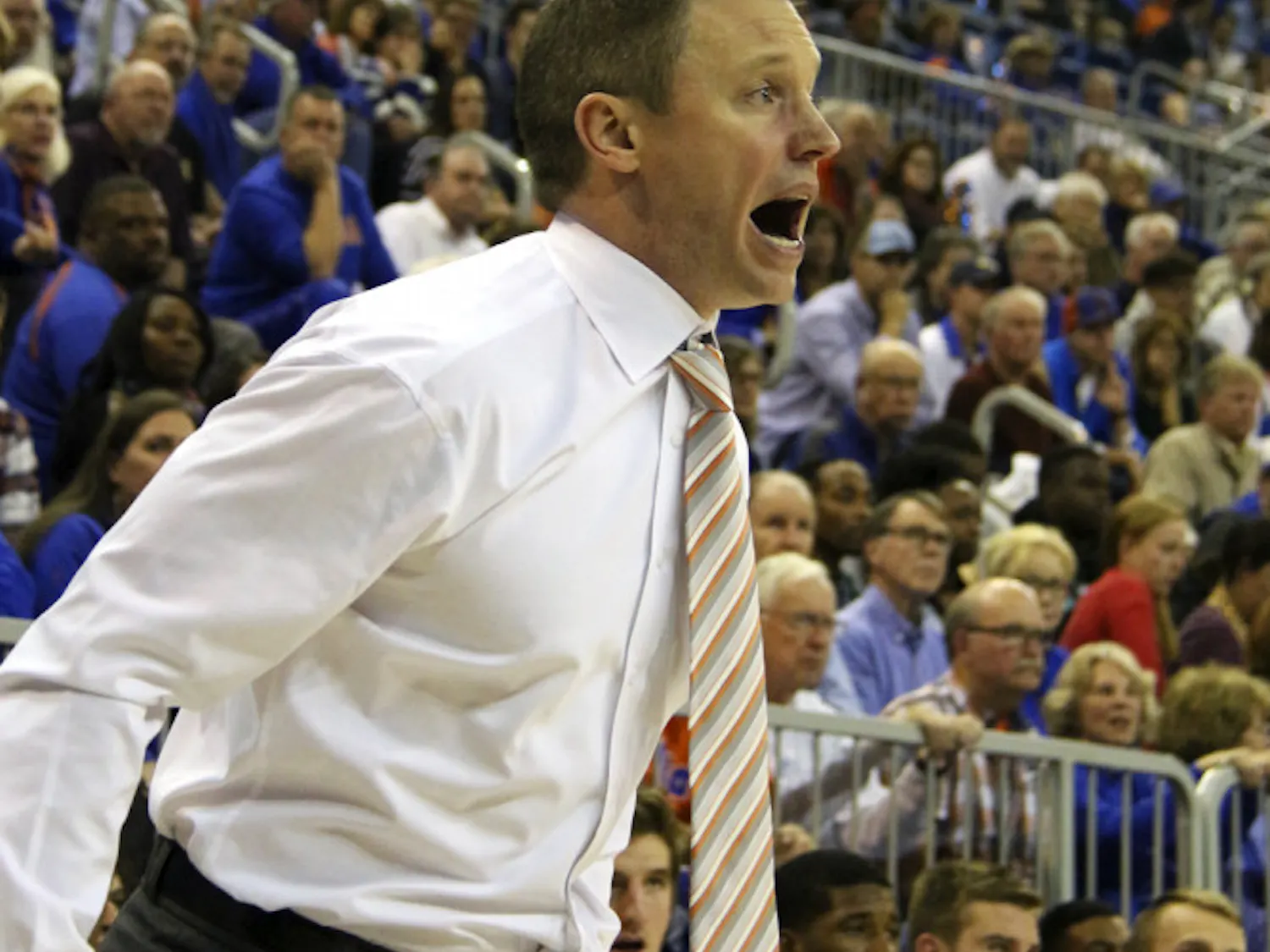 Florida coach Mike White calls out a play from the sideline during Florida's 77-72 win over Ole Miss on Feb. 9, 2016, in the O'Connell Center.