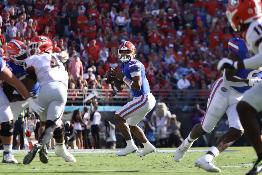 Florida quarterback Anthony Richardson drops back to pass during his first start against No. 1 Georgia during a 34-7 on Oct. 30.