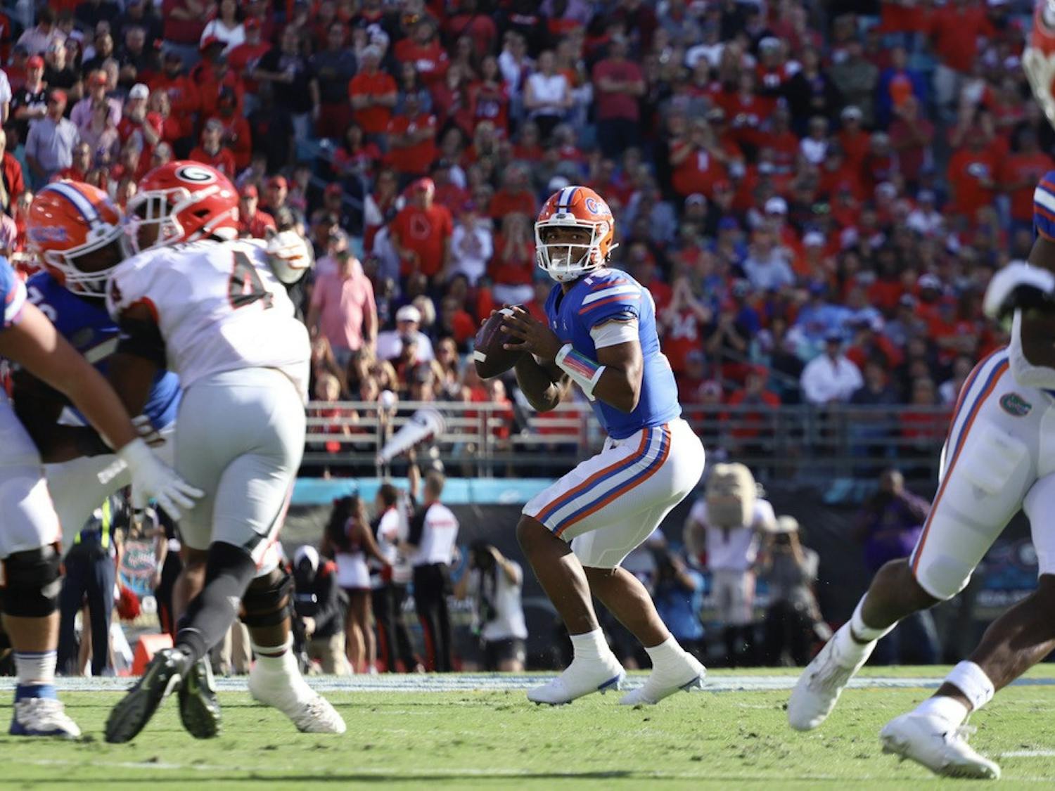 Florida quarterback Anthony Richardson drops back to pass during his first start against No. 1 Georgia during a 34-7 on Oct. 30.
