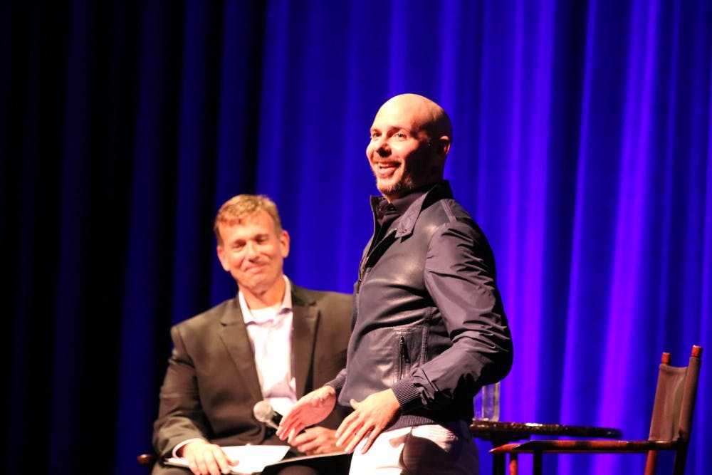 Music artist and motivational speaker Pitbull talks to a crowd of more than 1,000 students during a speaking event hosted by Accent Speakers Bureau at the Phillips Center for the Performing Arts on Tuesday night. Also known as Mr. Worldwide, Mr. 305, or by his real name, Armando Christian Pérez, Pitbull spoke about his upbringing in Miami and life experiences as part of the event partnered with Hispanic Heritage Month.