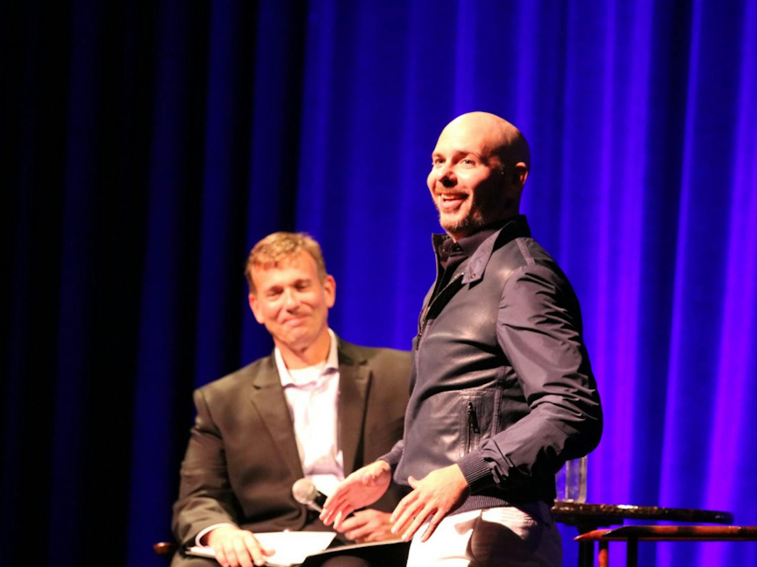 Music artist and motivational speaker Pitbull talks to a crowd of more than 1,000 students during a speaking event hosted by Accent Speakers Bureau at the Phillips Center for the Performing Arts on Tuesday night. Also known as Mr. Worldwide, Mr. 305, or by his real name, Armando Christian Pérez, Pitbull spoke about his upbringing in Miami and life experiences as part of the event partnered with Hispanic Heritage Month.