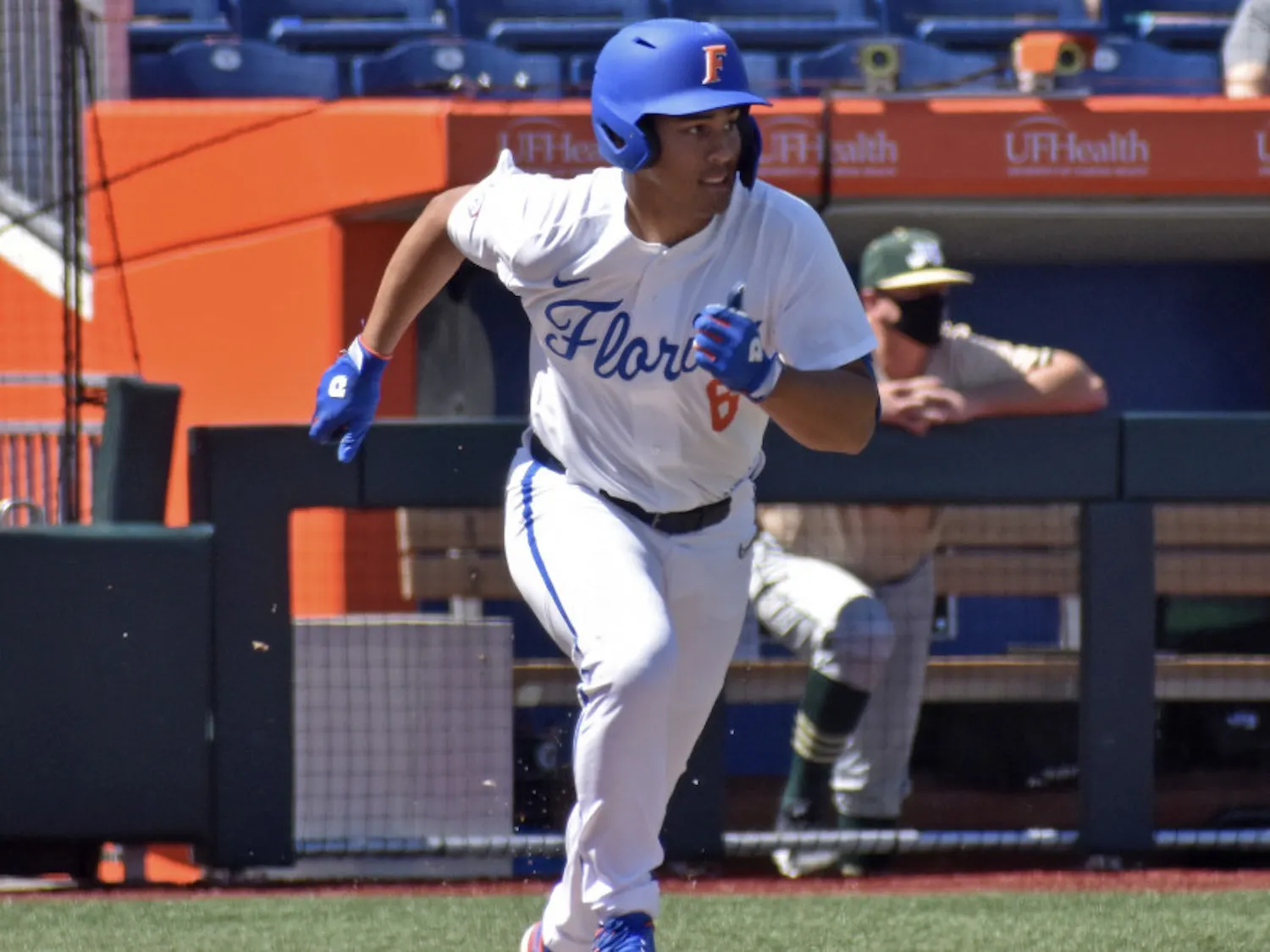 First baseman Kendrick Calilao sprints out of the batters box against Jacksonville March 14.