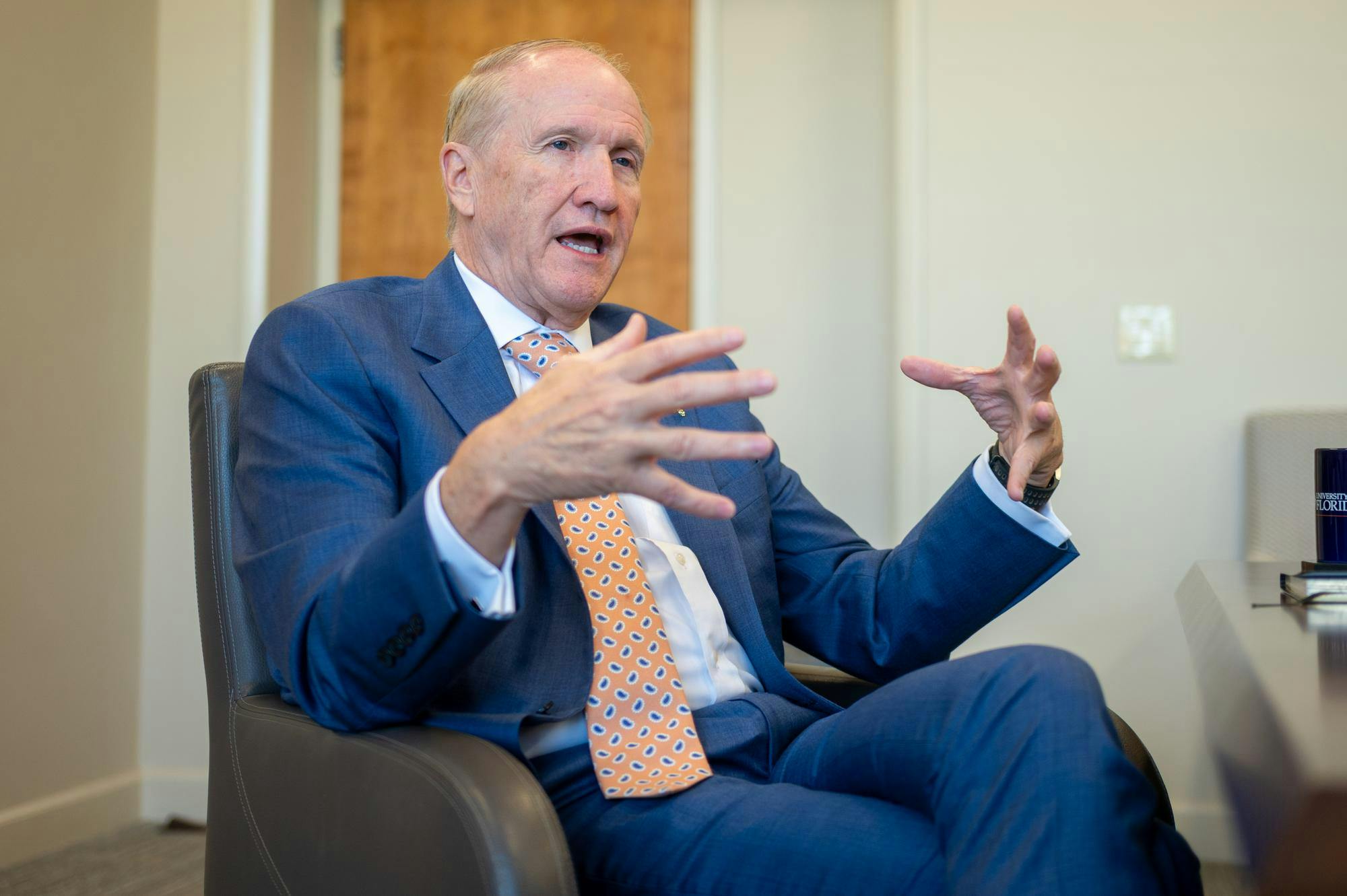 UF President Dr. Stuart Bell speaks during an interview in the Presidential Conference Room at Tigert Hall, Thursday, Aug. 14, 2026, in Gainesville, Fla.