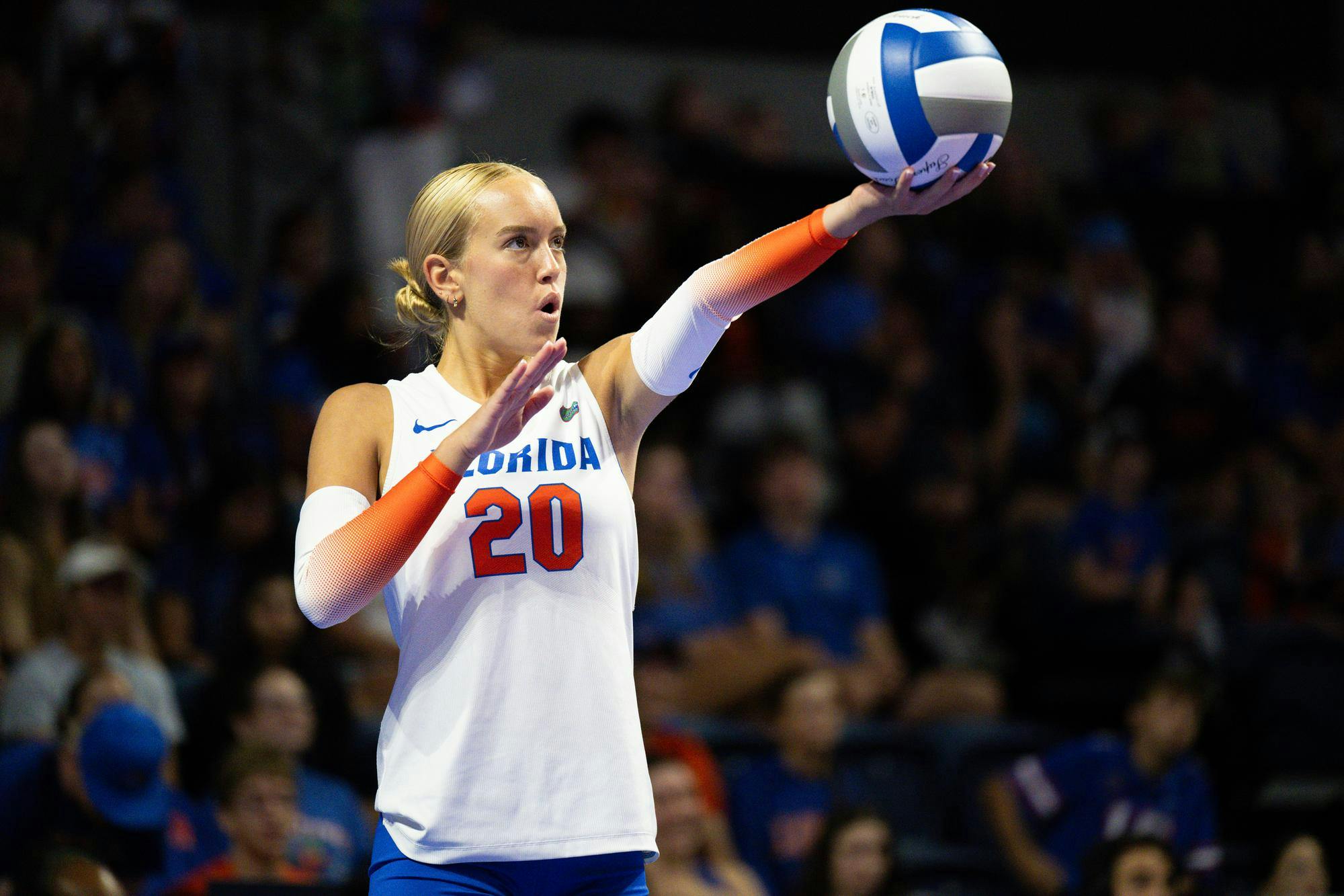 Florida Gators setter Taylor Parks (20) prepares to serve the ball in a volleyball match against the Norfolk State Spartans on Sunday, Aug. 31, 2025, at the O'Connell Center in Gainesville, Fla.