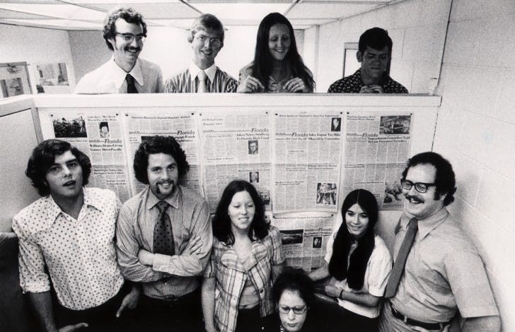 Ed Weston, front row, far right, stands with students of an Applied Journalism class at The Gainesville Sun in the Spring quarter of 1975.