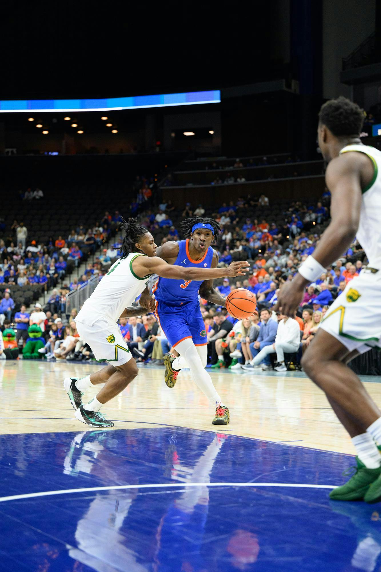 Florida guard AJ Brown (3) drives during the first half of an NCAA men's basketball exhibition game against Baylor, Sunday, Oct. 18, 2026, in Jacksonville, Fla.