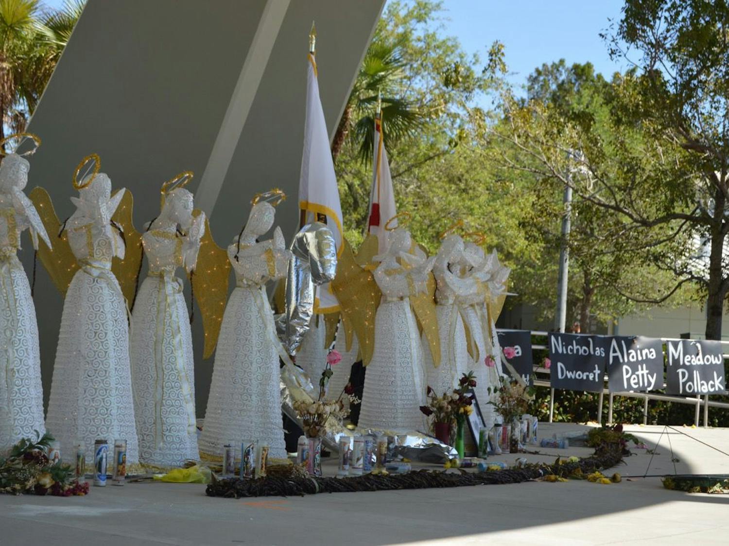 Seventeen angel statues face outward at the memorial at Pine Trails Park in Parkland, Florida. The statues were put up for the vigil the day after the shooting.
&nbsp;