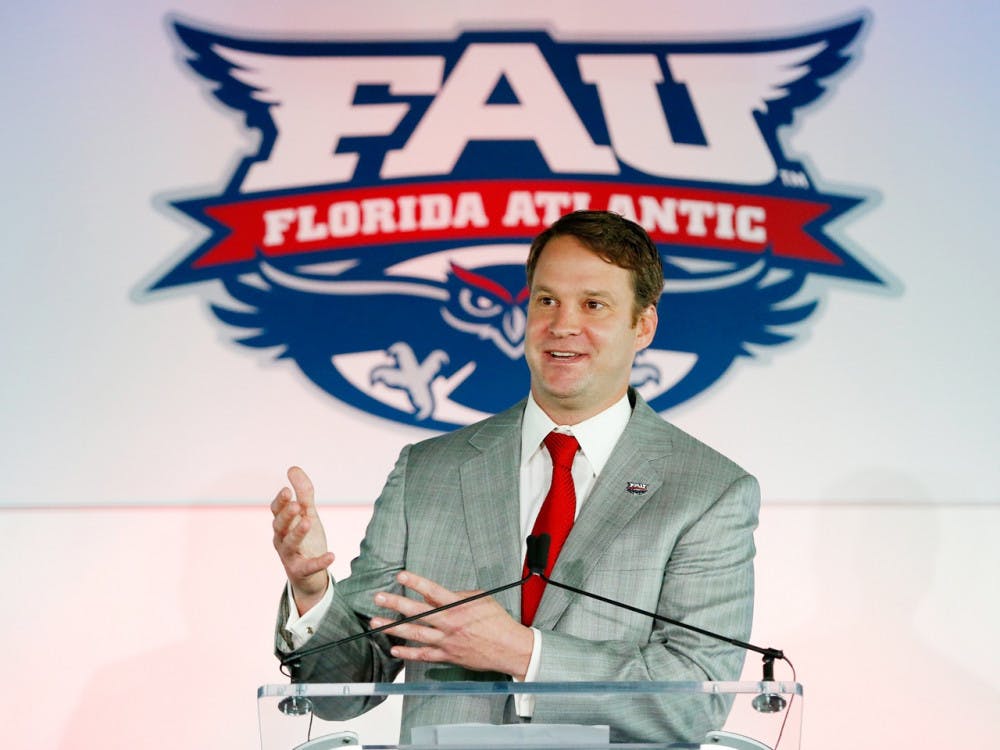 <p>Lane Kiffin speaks at his introductory press conference at FAU's football coach on Dec. 13, 2016, in Boca Raton, Florida.</p>