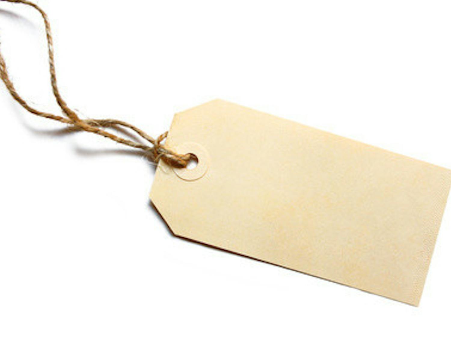 Blank tag tied with brown string. Price tag, gift tag, sale tag, address label, etc.