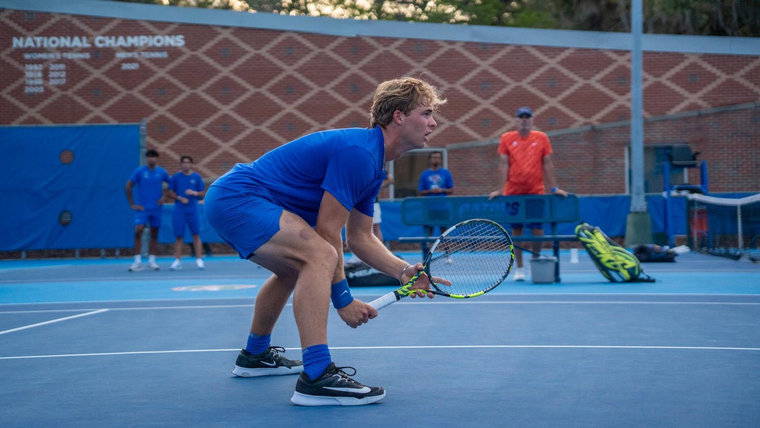 Florida’s Kevin Edengren gets ready for a NCAA men's doubles tennis match against Texas A&M University, Friday, March 6, 2026, in Gainesville, Fla.