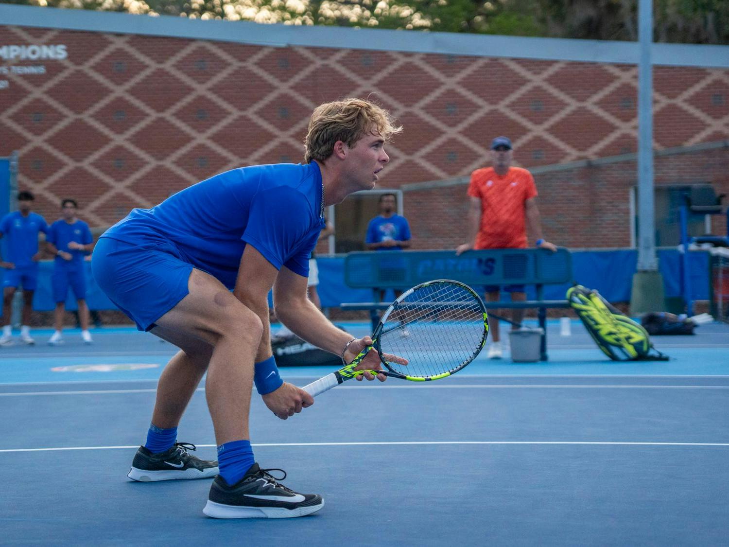 Florida’s Kevin Edengren gets ready for a NCAA men's doubles tennis match against Texas A&M University, Friday, March 6, 2026, in Gainesville, Fla.