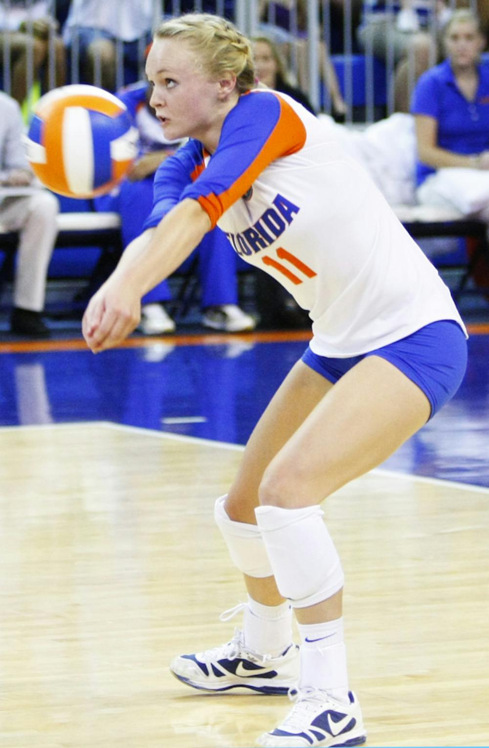 <p>Sophomore Madison Monserez (11) attempts a pass during UF’s 3-0 win against FIU on Aug. 24, 2012, in the O’Connell Center.</p>
