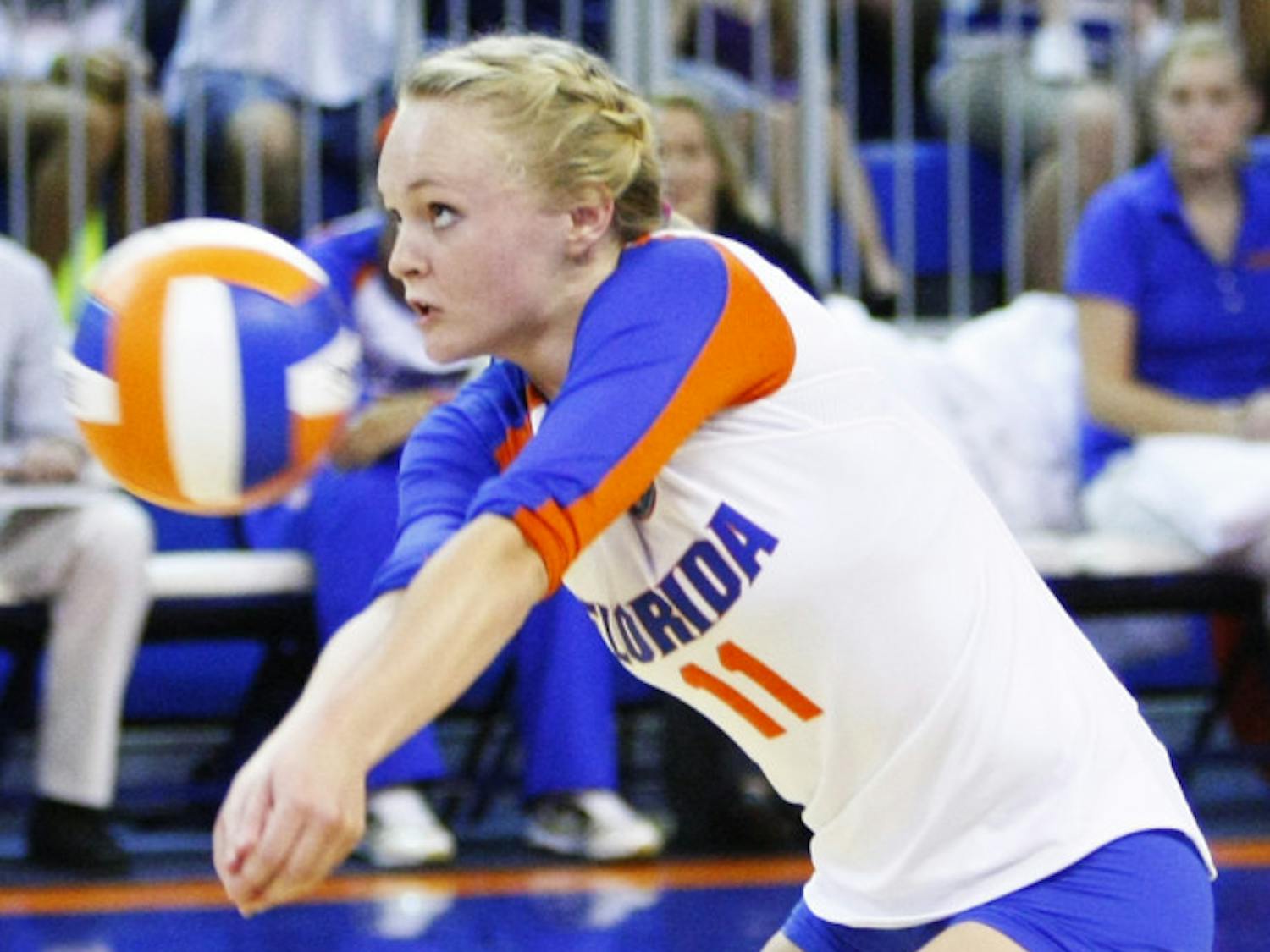 Sophomore Madison Monserez (11) attempts a pass during UF’s 3-0 win against FIU on Aug. 24, 2012, in the O’Connell Center.