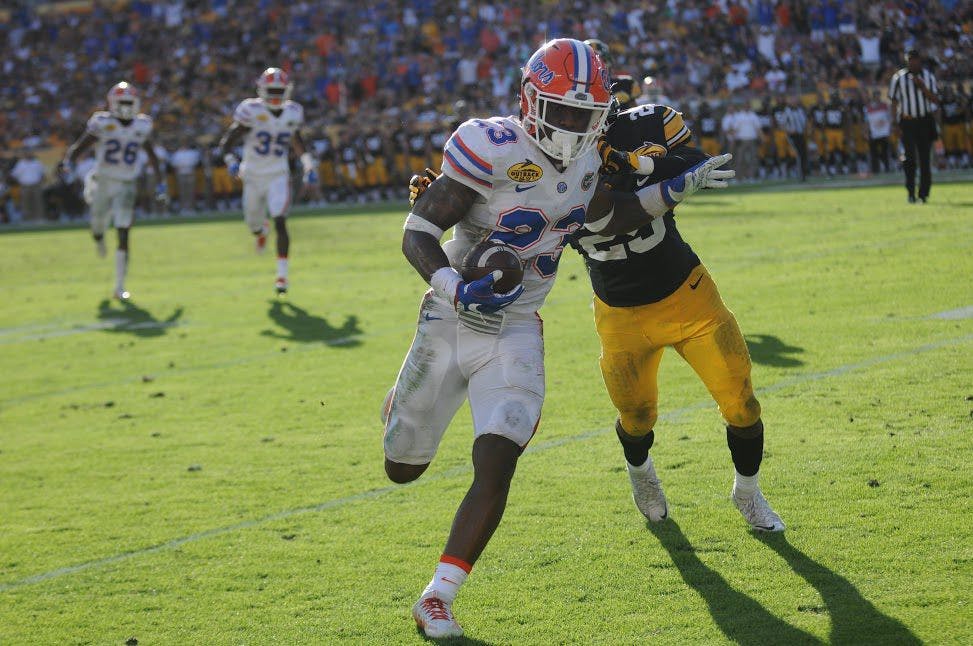 UF freshman defensive back Chauncey Gardner returns one of his two interceptions during Florida's 30-3 win over Iowa in the Outback Bowl on Monday, Jan. 2, at Raymond James Stadium.&nbsp;