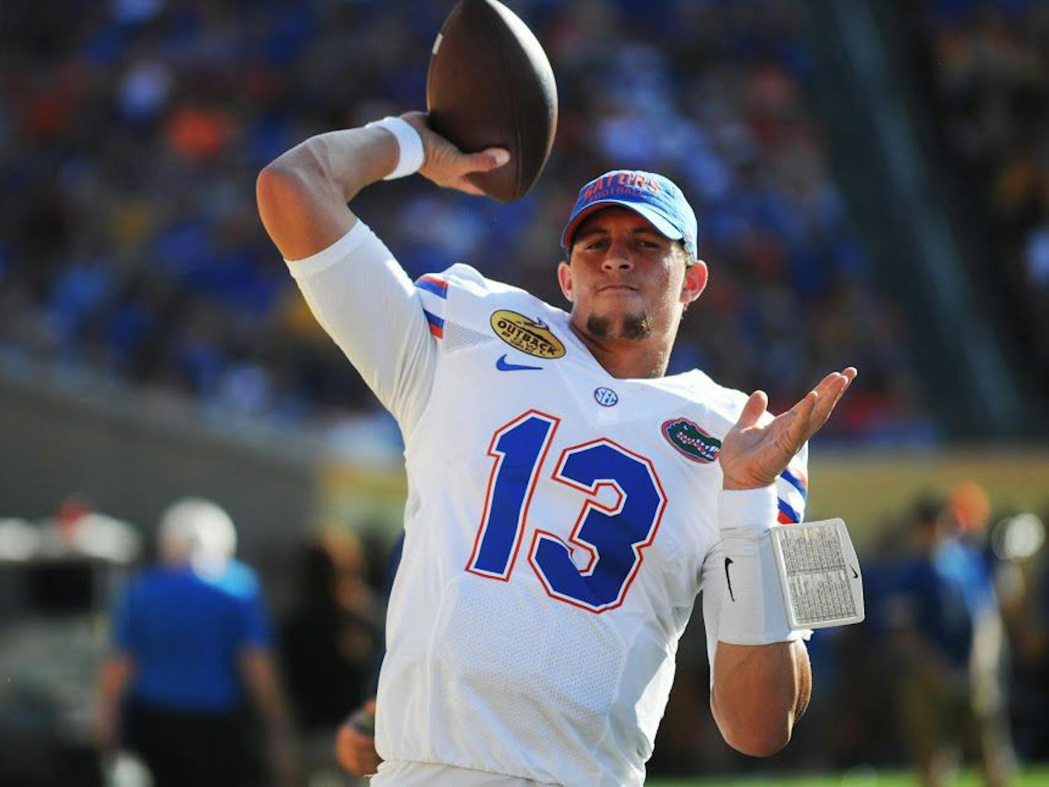 UF quarterback Feleipe Franks warms up prior to Florida's 30-3 win against Iowa in the Outback Bowl on Jan. 2, 2017, at Raymond James Stadium in Tampa, Florida. 