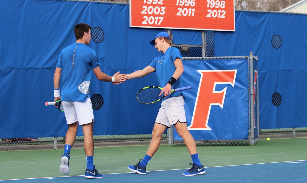 <p>Junior Alfredo Perez (left) and sophomore Johannes Ingildsen (right) are onto the quarterfinals of the NCAA Doubles Championships along with fellow Gators pairing of junior McClain Kessler and freshman Duarte Vale.</p>
