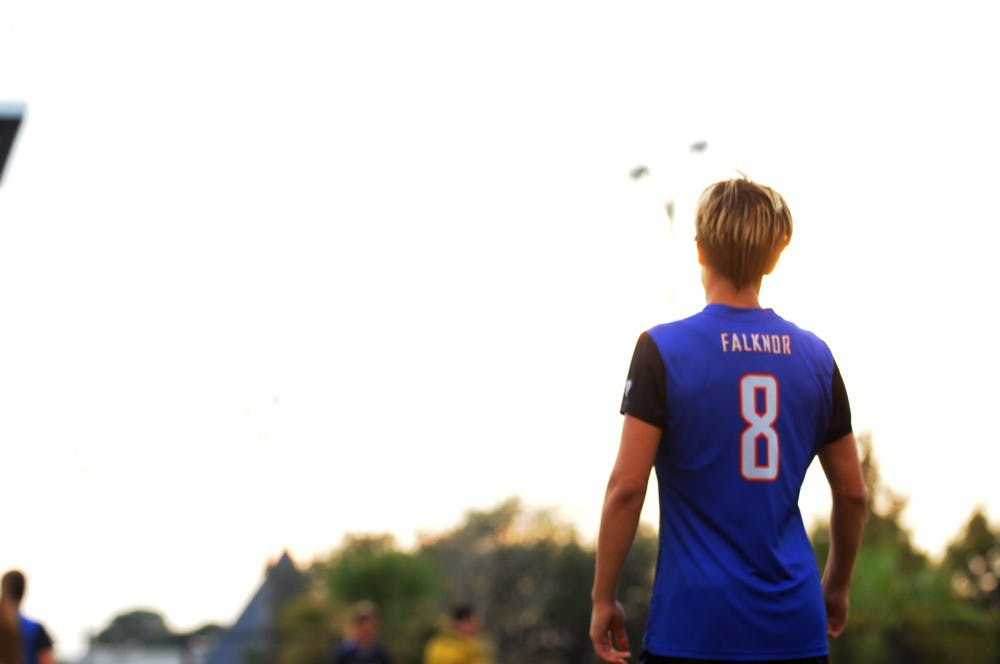 <p>UF defender Claire Falknor waits for the start of the second period during Florida's 2-1 win against Troy in an exhibition match on Aug. 11, 2015, at the soccer practice field at Donald R. Dizney Stadium.</p>