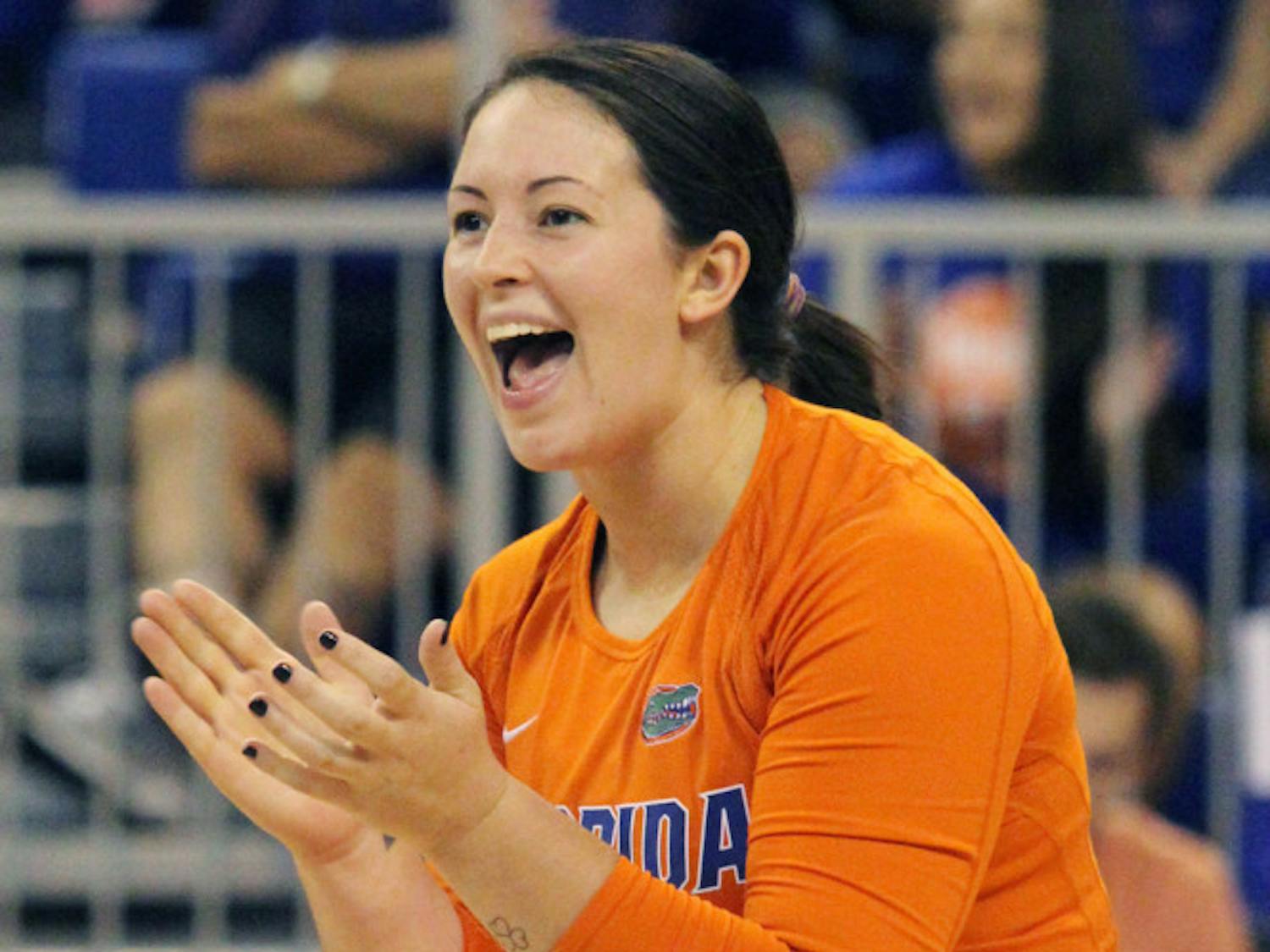 Junior libero Taylor Unroe reacts to a play during Florida’s three-set victory against FSU on Sept. 17 in the O’Connell Center.
