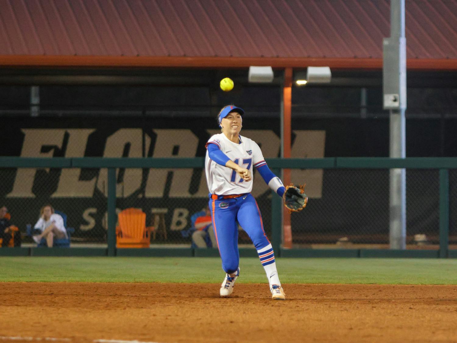 Florida shortstop Skylar Wallace throws the ball in the Gators' win against the Jacksonville Dolphins Wednesday, Feb. 15, 2023.
