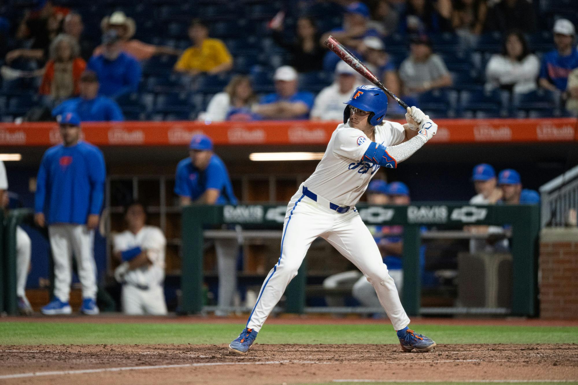 Florida Gators infielder Brendan Lawson (11) during an at bat in a baseball game against the Missouri Tigers on Thursday, April 10, 2025, in Gainesville, Fla.
