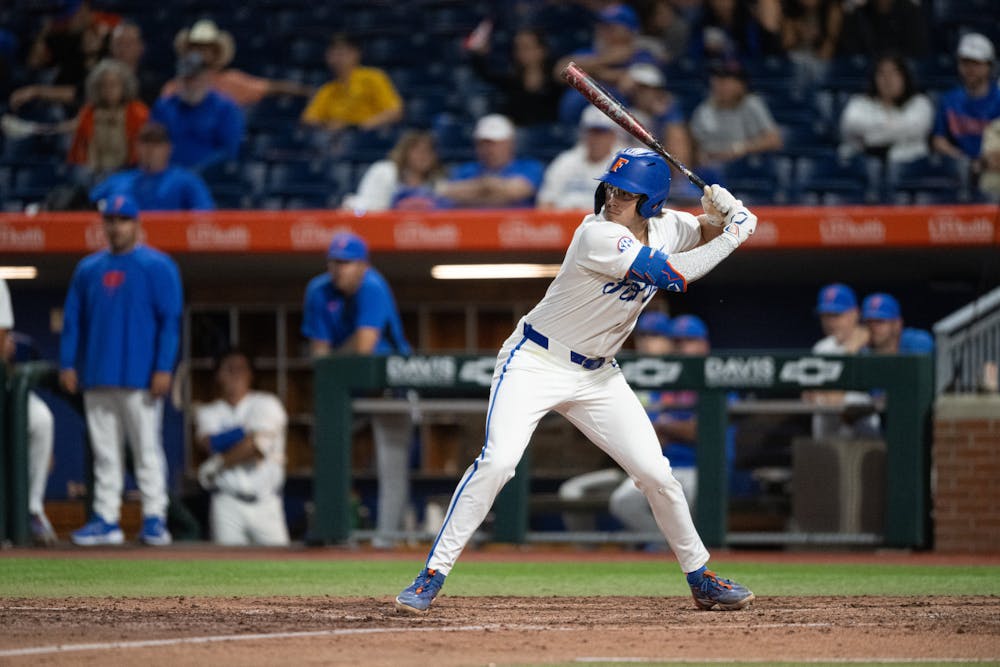 Florida Gators infielder Brendan Lawson (11) during an at bat in a baseball game against the Missouri Tigers on Thursday, April 10, 2025, in Gainesville, Fla.