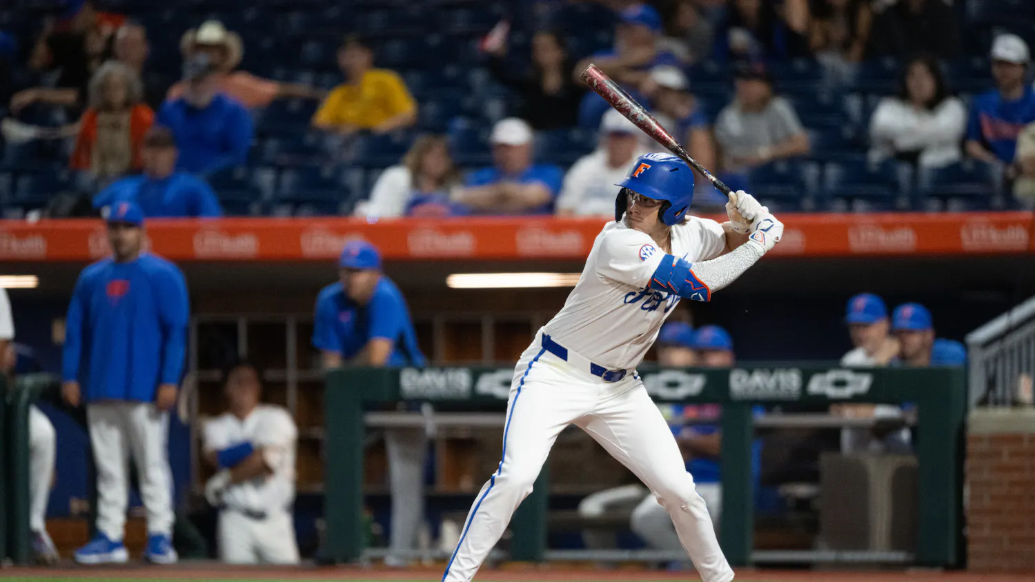 Florida Gators infielder Brendan Lawson (11) during an at bat in a baseball game against the Missouri Tigers on Thursday, April 10, 2025, in Gainesville, Fla.