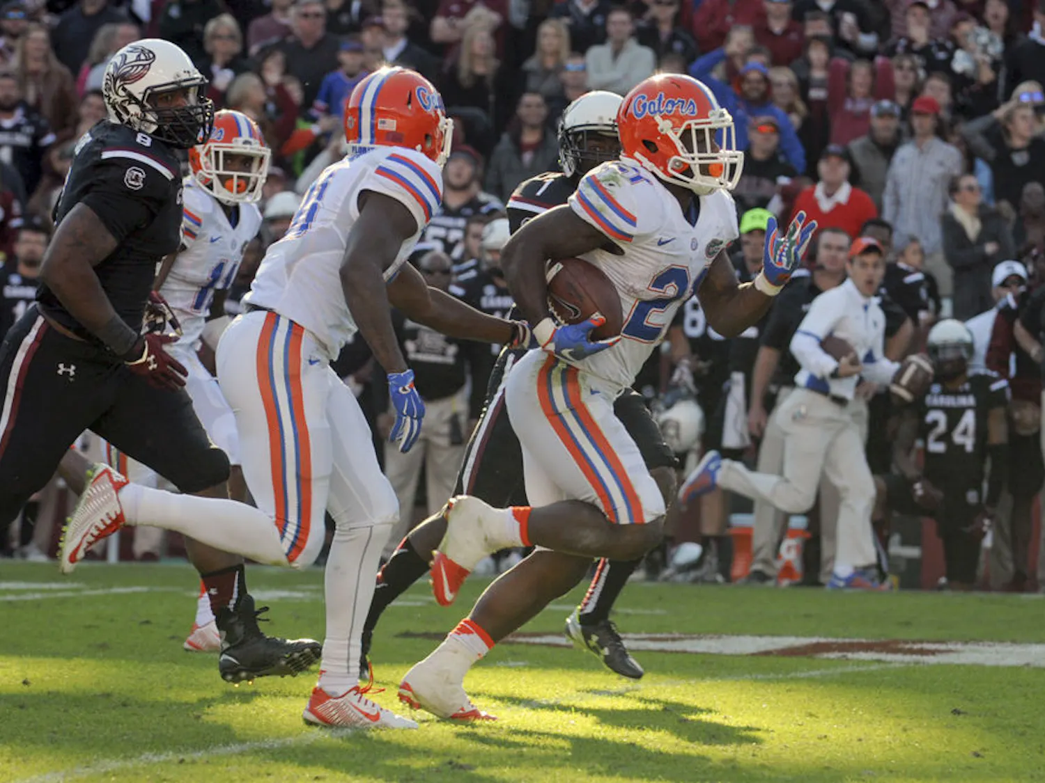 UF running back Kelvin Taylor dashes for a 53-yard run during the fourth quarter of Florida's 24-14 win against South Carolina on Nov. 14, 2015, at Williams-Brice Stadium in Columbia, South Carolina.