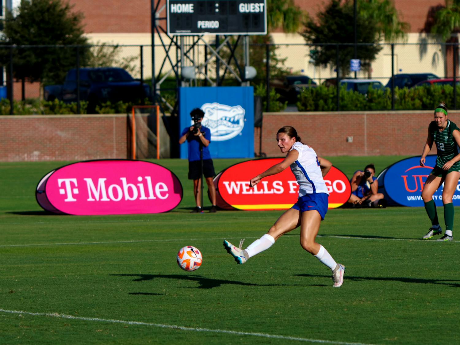 Freshman forward Megan Hinnenkamp shoots the ball in an 8-0 win against the Stetson Hatters Sunday, Aug. 27, 2023.