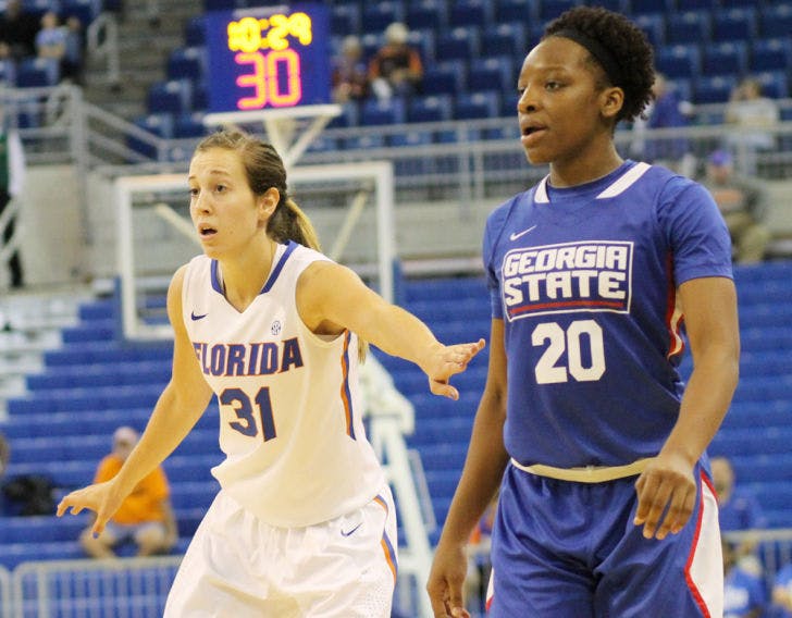 Junior forward Lily Svete (31) guards sophomore guard Kayla Nolan (20) during Florida’s 84-65 victory against Georgia State on Nov. 11 in the O’Connell Center.