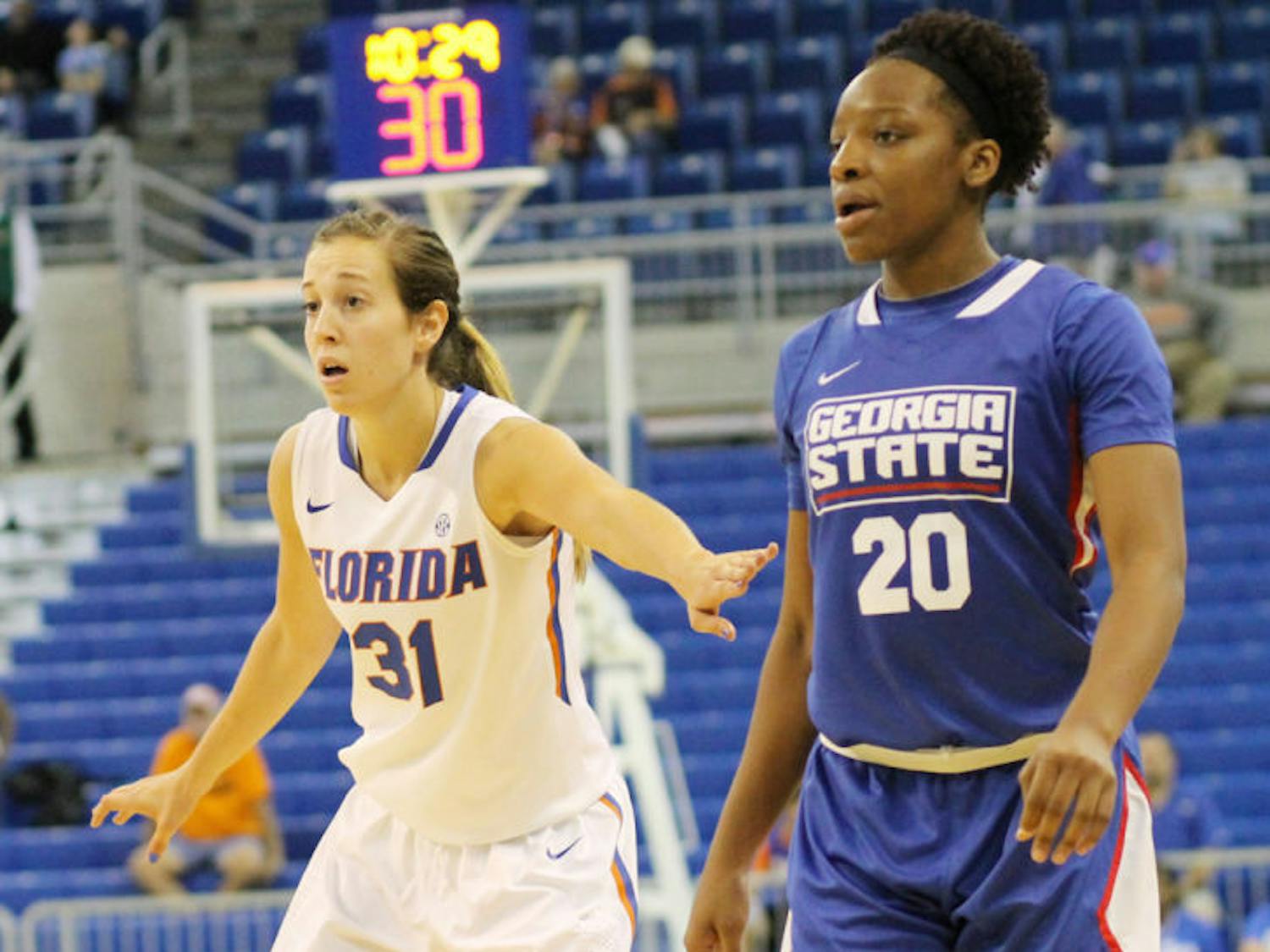 Junior forward Lily Svete (31) guards sophomore guard Kayla Nolan (20) during Florida’s 84-65 victory against Georgia State on Nov. 11 in the O’Connell Center.