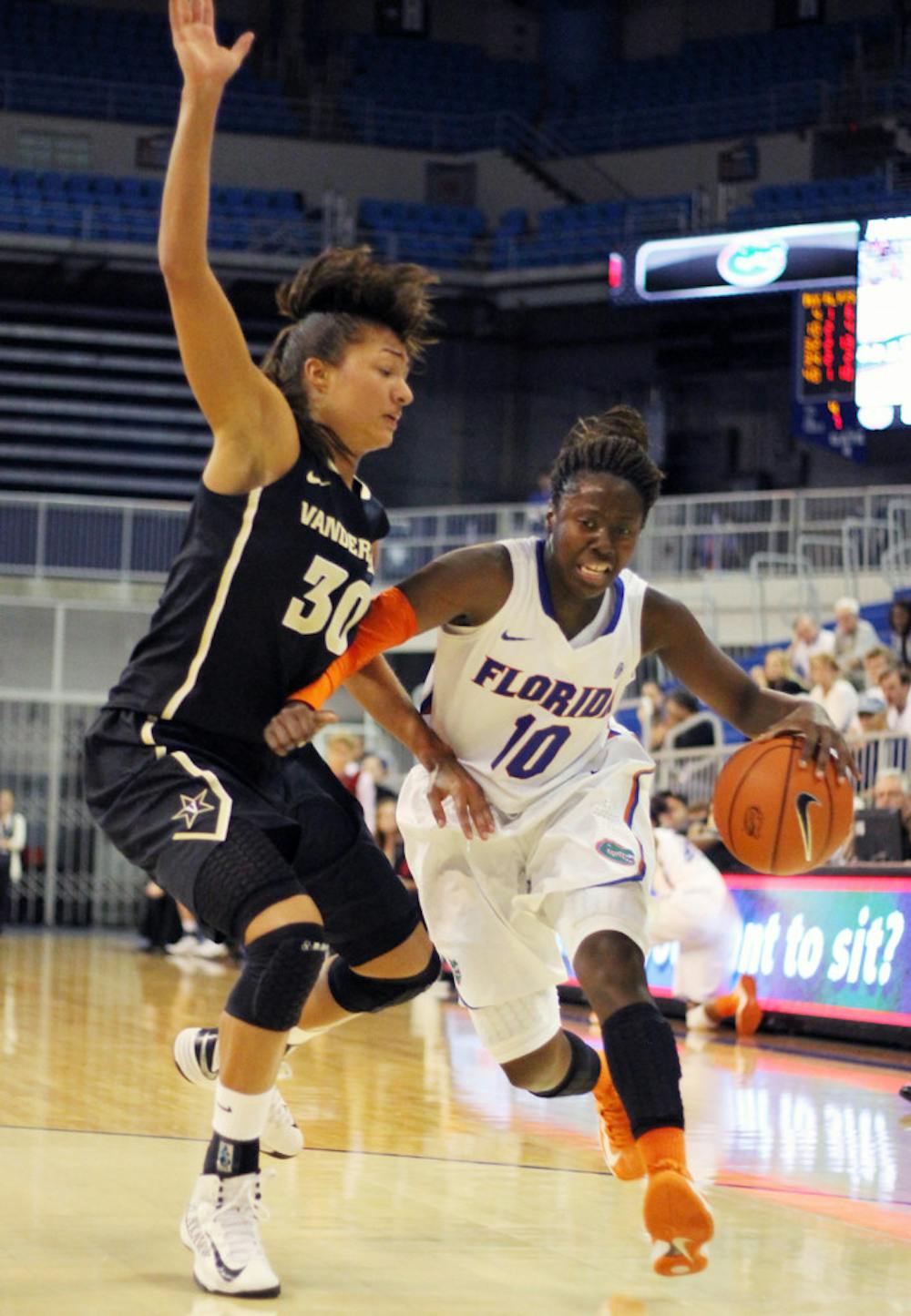 <p align="justify">Jaterra Bonds (10) drives the lane during Florida’s 68-57 loss to Vanderbilt on Feb. 21 in the O’Connell Center.</p>