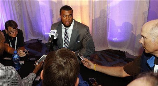 Florida's Jonathan Bullard speaks to the media during the NCAA college football Southeastern Conference Media Days, Monday, July 13, 2015, in Hoover, Ala. (AP Photo/Butch Dill)