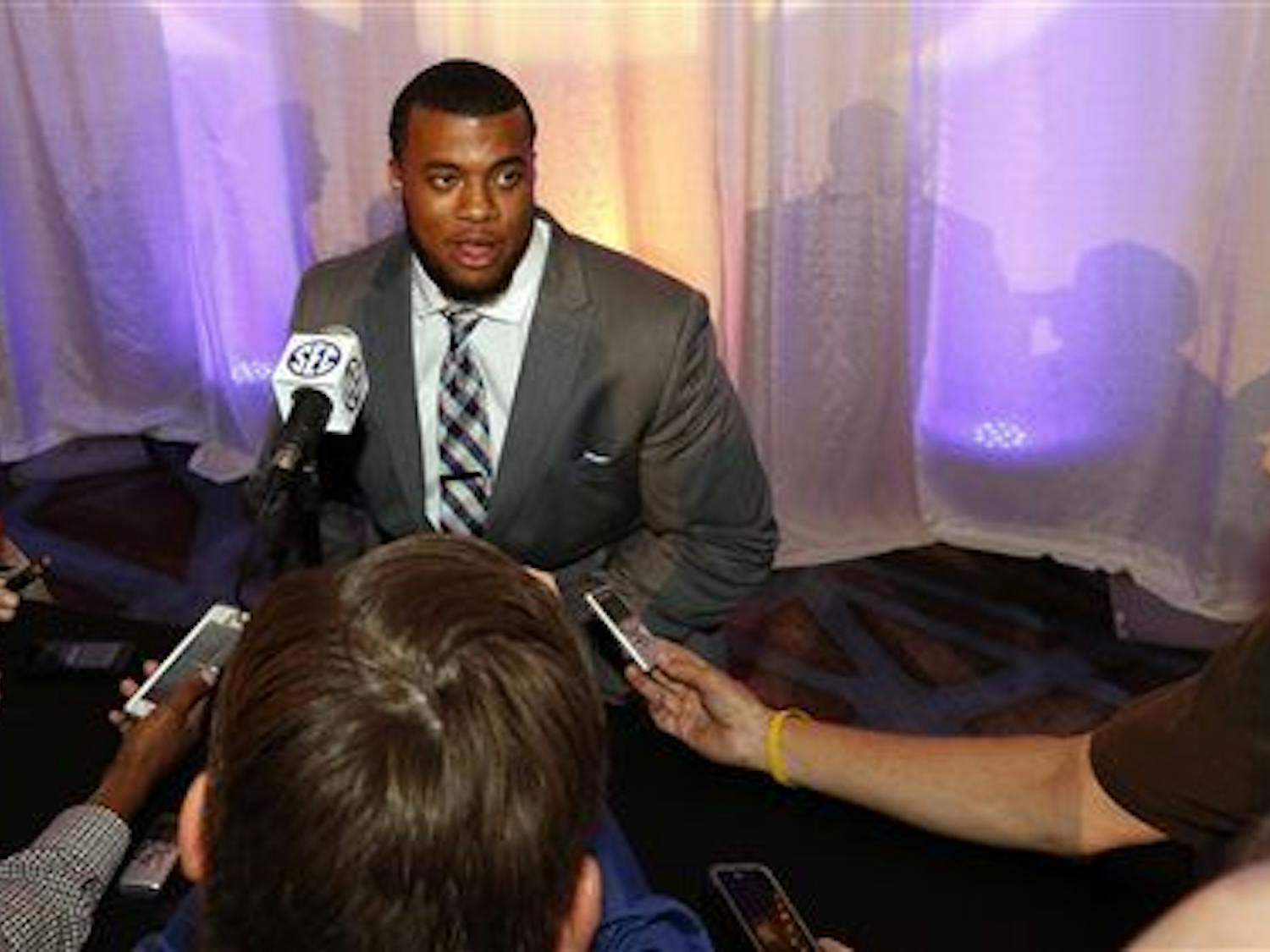 Florida's Jonathan Bullard speaks to the media during the NCAA college football Southeastern Conference Media Days, Monday, July 13, 2015, in Hoover, Ala. (AP Photo/Butch Dill)