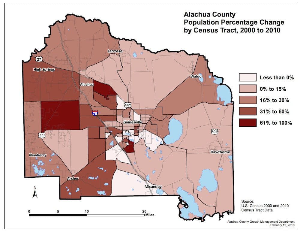 <p>A map of population changes in Alachua County. Courtesy to The Alligator.&nbsp;</p>
