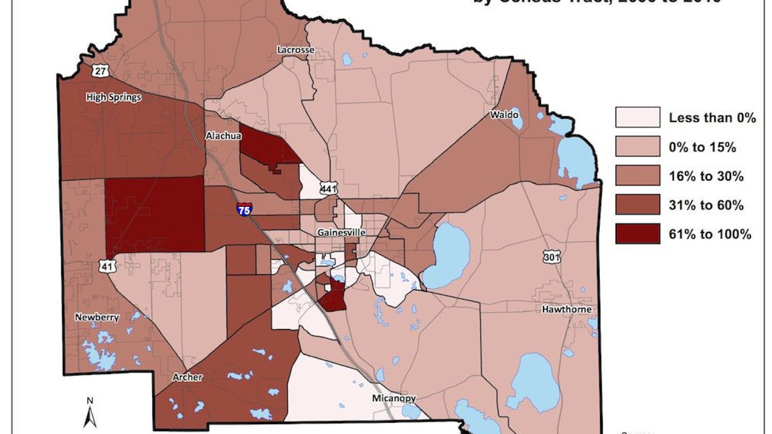 A map of population changes in Alachua County. Courtesy to The Alligator. 