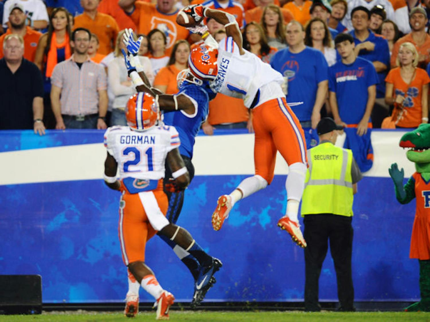 Vernon Hargreaves III intercepts a pass in the end zone during Florida’s 24-7 victory on Sept. 28, 2013, at Commonwealth Stadium in Lexington, Ky.