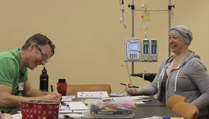 Cancer patient Cindy Craig, 40, and Creative for Health workshop leader Dylan Klempner, 41, spend the rainy evening crafting Zentangles at UF Health Shands Cancer Hospital on Tuesday. Zentangle is an art form known to reduce stress.&nbsp;
