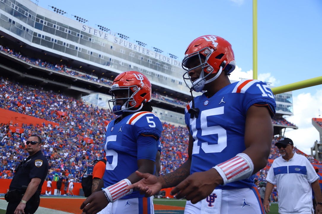 Florida quarterbacks Emory Jones (5) and Anthony Richardson (15) leave the field for halftime during a game against Vanderbilt on Oct. 9. 